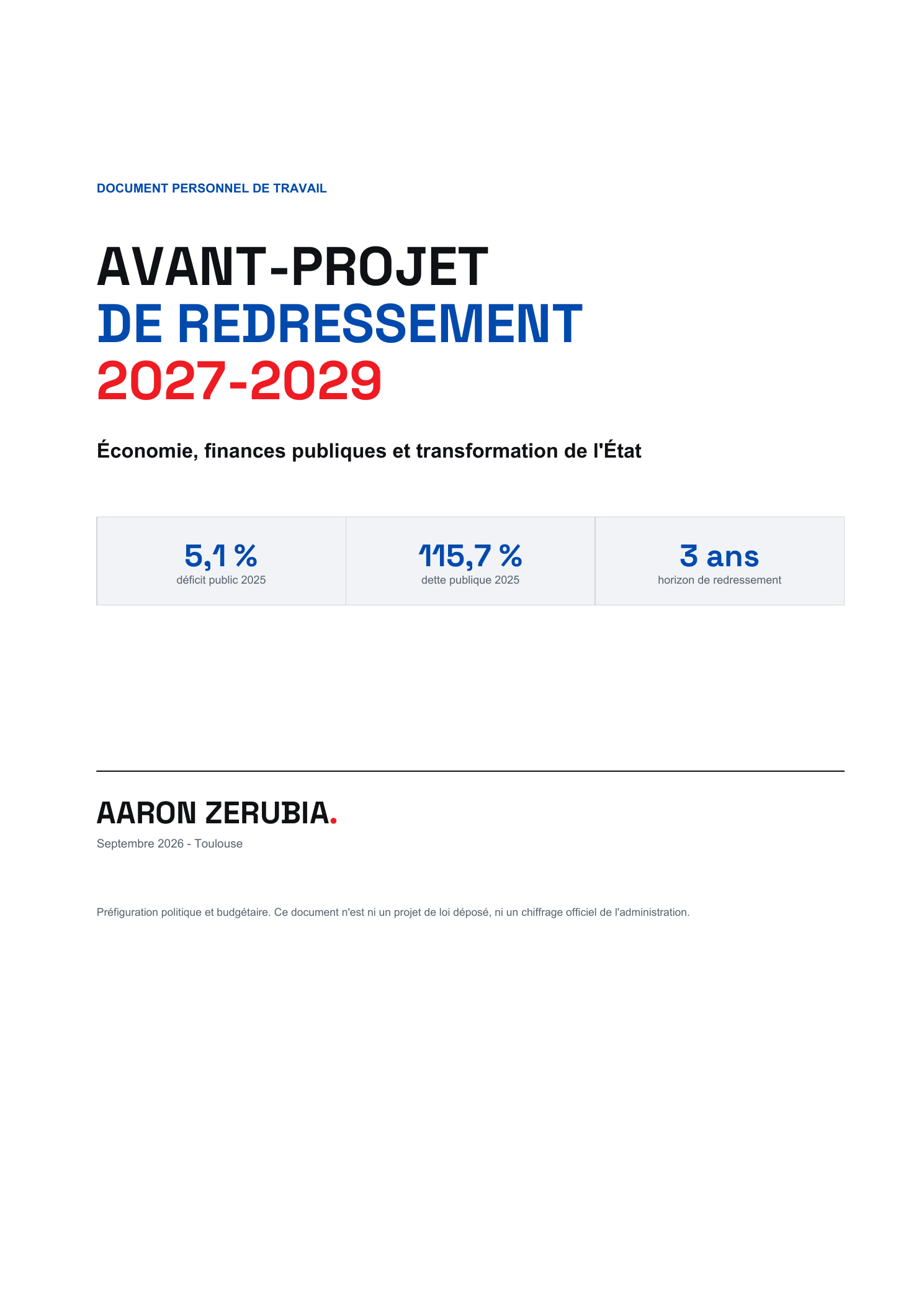Couverture de l’Avant-projet de redressement 2027-2029