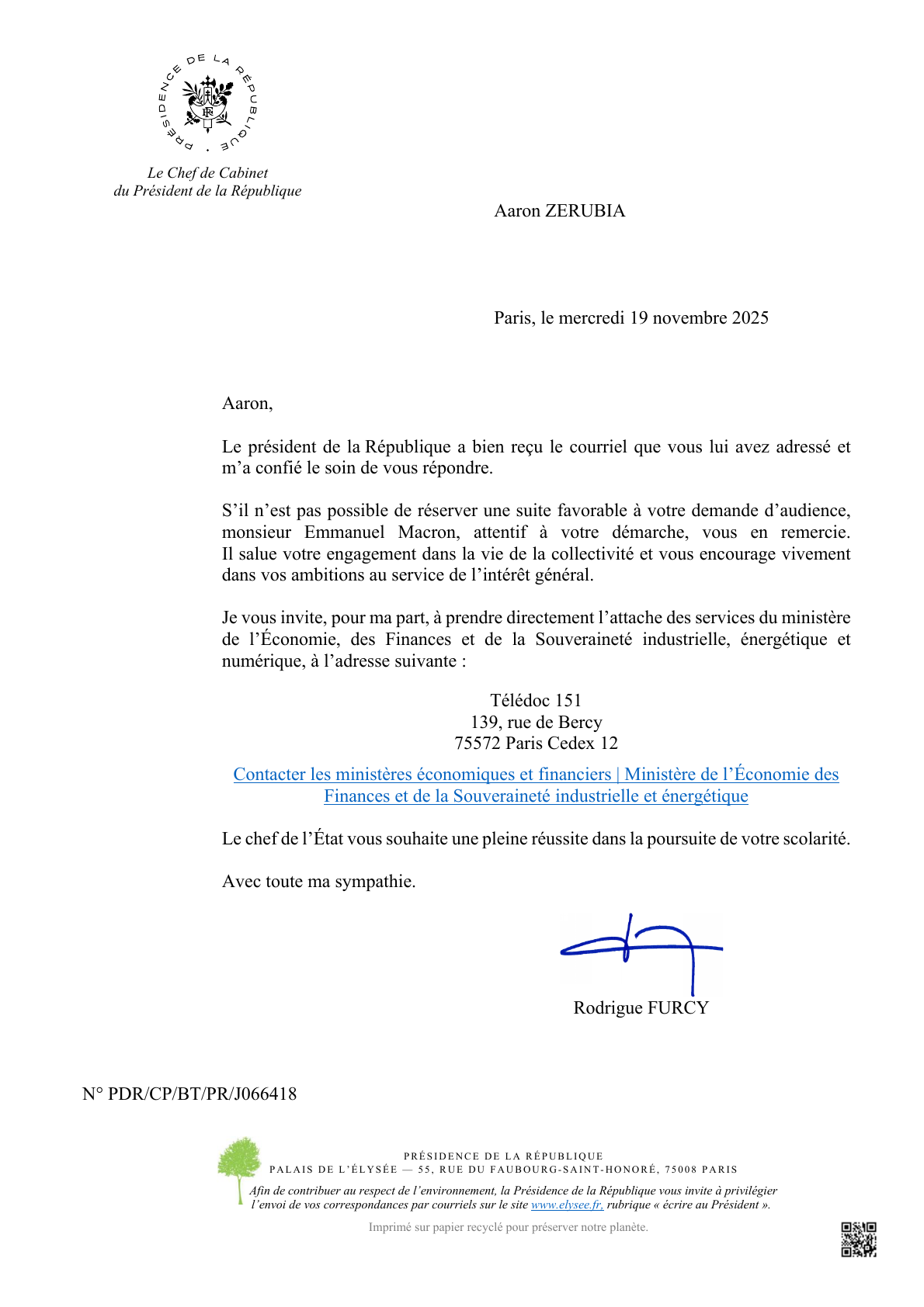 Lettre du chef de cabinet du Président de la République adressée à Aaron Zerubia